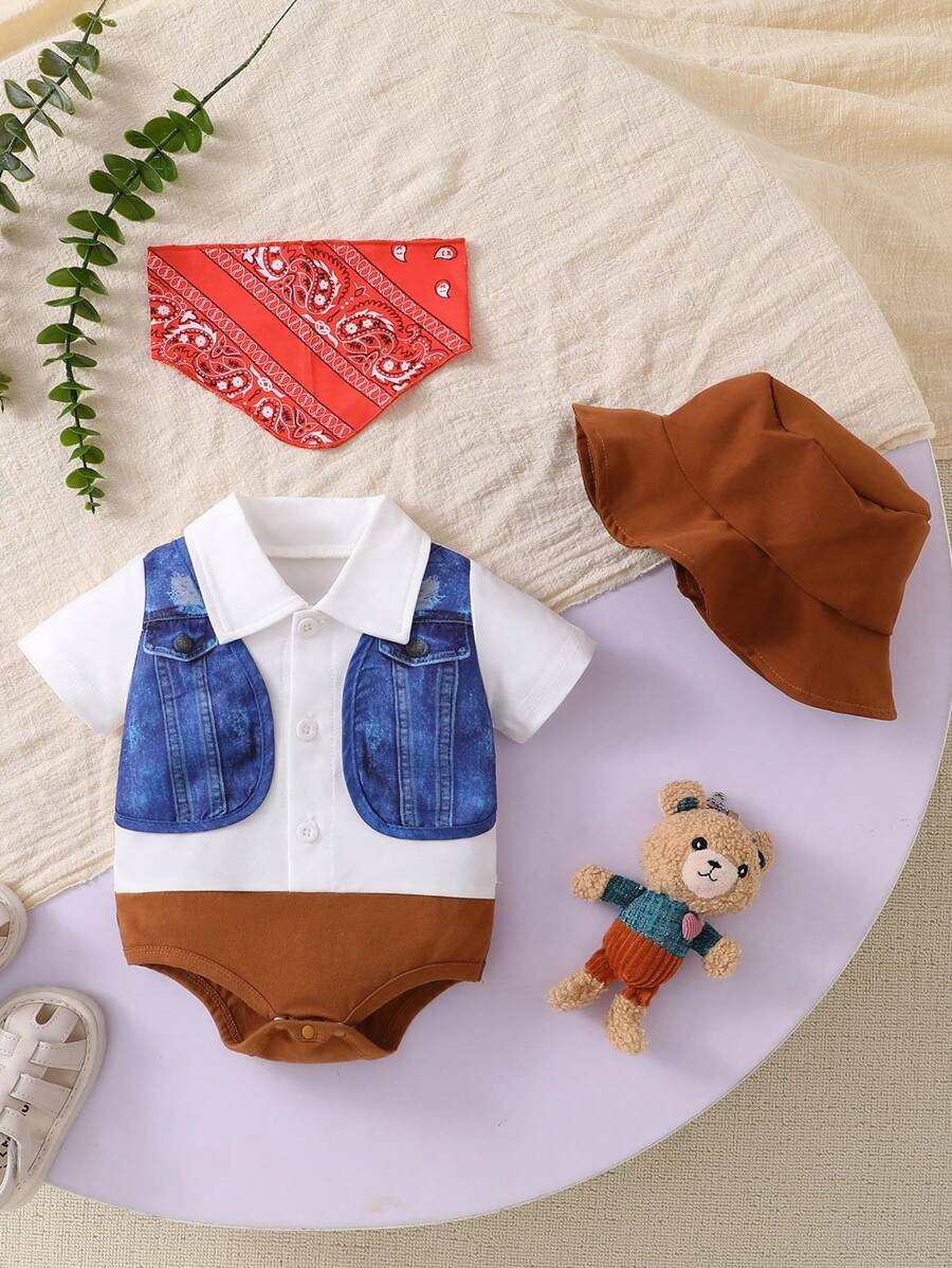 SHEIN 3 件装男婴牛仔风格连体衣、帽子和服装套装 - 藍色 - 查看 1