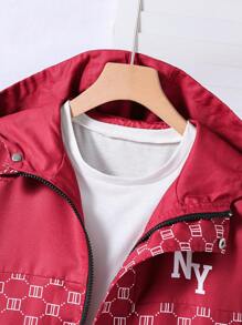 SHEIN Tween Boy Casual Geometric Letter Print Hooded Jacket, Autumn