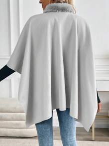 SHEIN Clasi Loose Sweater Coat With Fur Collar Cape Poncho