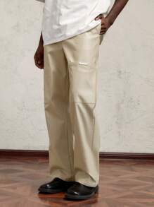 AKNOTIC Business Casual Men Loose Fit Woven PU Fabric Mid-Waist Long Straight Casual Khaki Pants, With Metal Buckle And Letter Metal Decor, Large Pockets - Apricot - View 8