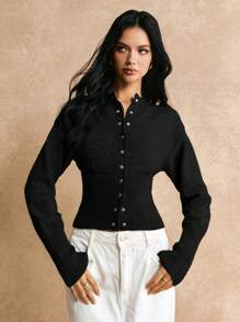 Poéselle 短款修身前扣纯色长袖简约休闲针织开衫、毛衣、短款女式毛衣、女式毛衣、针织毛衣、冬季女装、秋季女装、FW24 - 黑色 - 查看 7