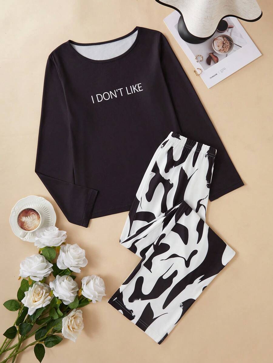 2pcs Slogan Print Casual Pullover Long Sleeve Pajama Set, Black White Color Block Print Pants - Black and White - View 1