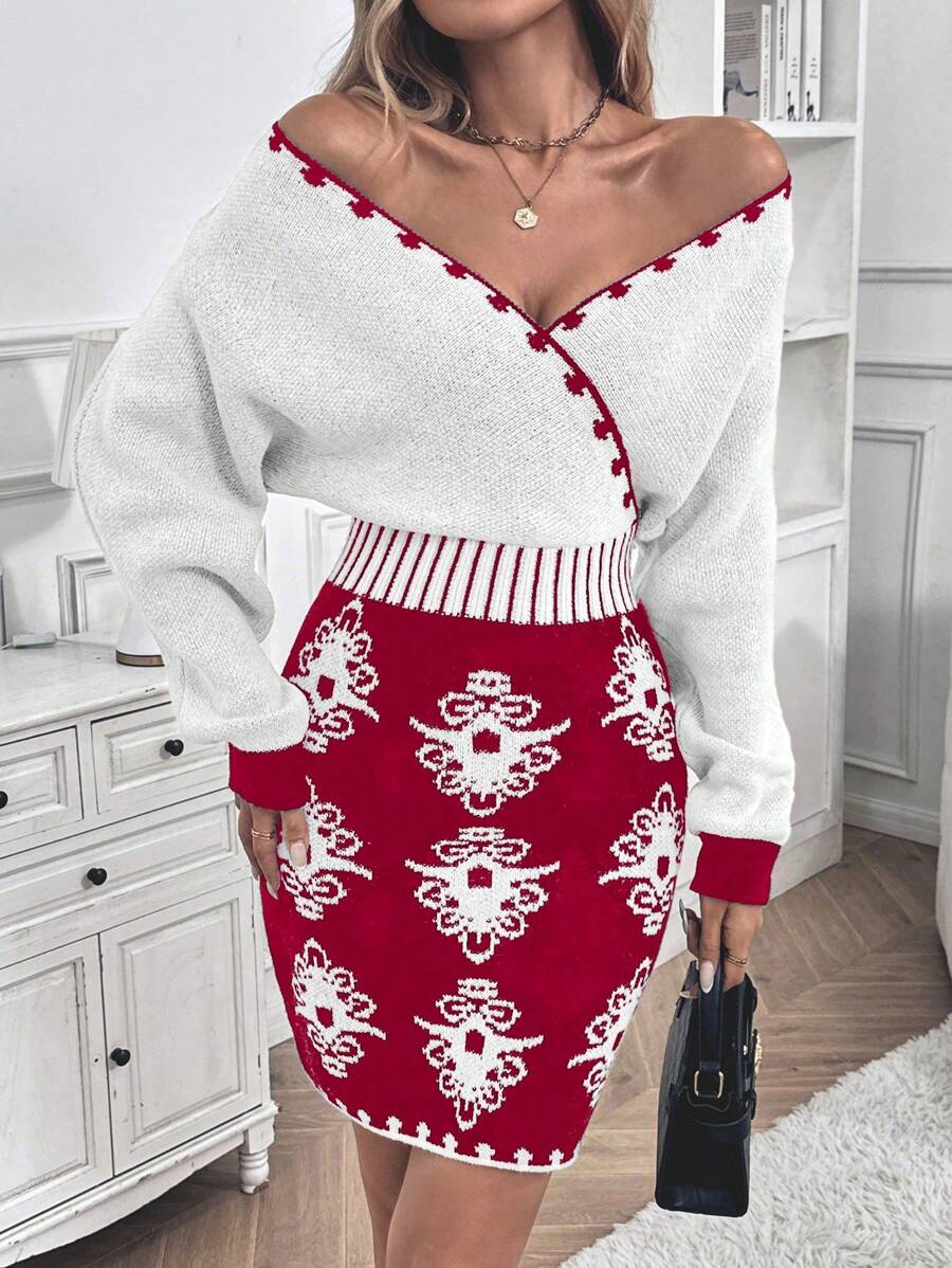 SHEIN Clasi New Fashion V-Neck Sexy Fitted Floral Print Long Sleeve Sweater Dress - Multicolor - View 1