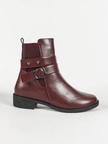 CUCCOO BIZCHIC 女士时尚百搭踝靴，酒红色短靴，粗跟，圆头，松紧后跟，装饰扣，拉链，适合秋冬季新年假期 - 酒紅色 - 查看 6