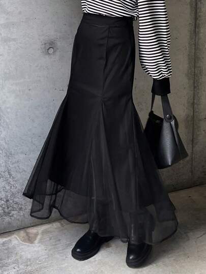 FRIFUL 1件女士纯色网纱撞色长款美人鱼裙，优雅