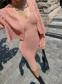 Chiquease Conjunto de 2 piezas con chaqueta corta y vestido de punto de tirantes para mujer, unicolor, para otoño/invierno