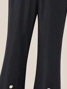 SHEIN Celana Panjang Model Flare Kasual Warna Polos dengan Hiasan Kancing untuk Remaja Perempuan - Hitam - View 5