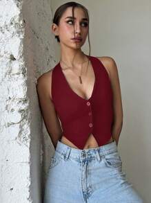 SHEIN EZwear Áo hở lưng hở lưng màu trơn gợi cảm cho nữ - Màu Đỏ Sâu - Xem 7
