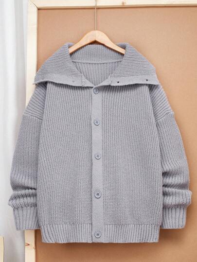 SHEIN TeenBoys 1 件日常舒适休闲保暖高领深灰色网眼简约保暖开衫毛衣返校节；文艺复兴；秋季服装；青少年男孩服装；秋季夹克；秋季服装秋冬