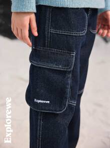 SHEIN Tween Girls Pocket Decor Wide Leg Loose Casual Versatile Jeans - Dark Wash - View 3