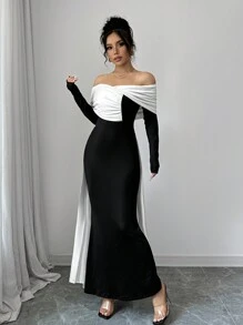 Firerie Women Elegant Sexy Off-Shoulder Color Block Evening Long Sleeve Dress, Black And White Bodycon Dress,Princess Tight Long Dress For Party & Gathering, Christmas Party Women Dress,New Year Eve Dress,Autumn/Winter
