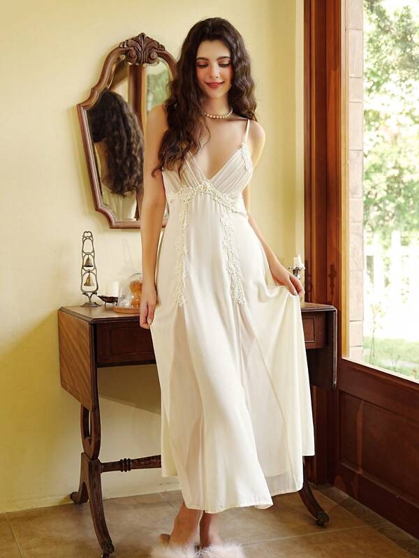 Côtesoire Contrast Lace Cami Pajama Nightdress Long Dress Holiday Season, Vacation
