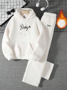 Mainfolk Unisex Polar Bear Graphic Embroidery Loose Drop Shoulder Hooded Sweatshirt & Drawstring Waist Straight Leg Pants Set, For Fall Winter - White - View 1