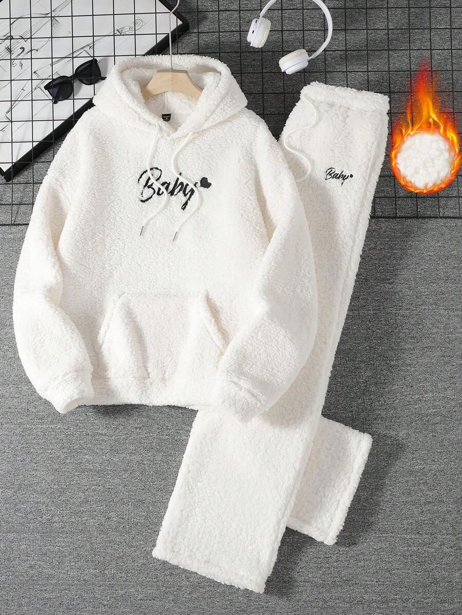 Mainfolk Unisex Polar Bear Graphic Embroidery Loose Drop Shoulder Hooded Sweatshirt & Drawstring Waist Straight Leg Pants Set, For Fall Winter - White - View 1