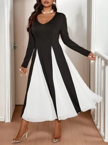 Allurite 大码女式 V 领拼色长袖优雅连衣裙，秋季 - 黑與白 - 查看 3