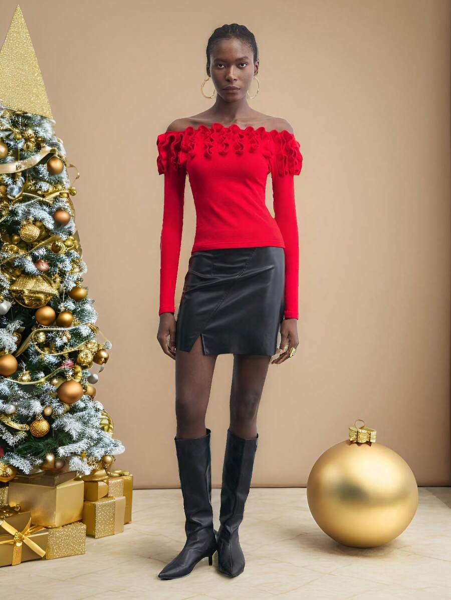 Maija 1 Stück Damen roter einfarbiger Applikations-Off-Shoulder eleganter Strickpullover, gemütlich und romantisch, geeignet für Weihnachten, langärmelige warme Oberseite