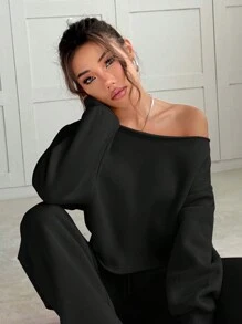 SHEIN EZwear Bộ 2 món trang phục áo trễ vai tay dài tối giản cho nữ và quần dài - màu đen - Xem 4