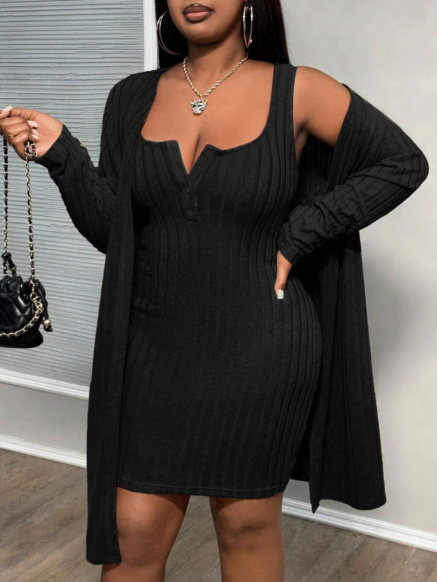 Slaydiva 大码口袋设计纽扣罗纹休闲连衣裙和长袖前开襟外套-浅绿色-J - 黑色 - 查看 1