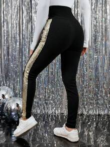 SHEIN LUNE Autumn/Winter Front Zipper Slim Fit Party Black Pants,  Contrasting Sequins Embroidery On Sides