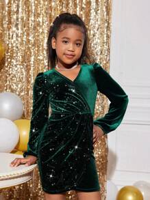 SHEIN Tween Girl Solid Color Patchwork Meteor Velvet V-Neck Long Sleeve Christmas Party Dress - Green - View 3