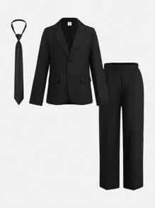 SHEIN Bộ 3 áo khoác blazer phong cách quý ông, quần và cà vạt cho bé trai tuổi mới lớn - Bộ đồ, Quà tặng dự tiệc, Trang phục trở lại trường, Thu/Đông - màu đen - Xem 3
