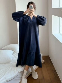 DAZY Women's Solid Color Minimalist Notch Collar Lantern Sleeve Ruffled Hem Loose Fit Casual Dress For Home - Navy Blue - View 5