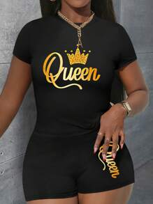 Maweii 加大码皇冠女王字母印花女式休闲两件套 - 黑色 - 查看 3