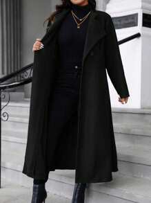 SHEIN LUNE 大码纯色纽扣口袋长袖长外套，秋冬
