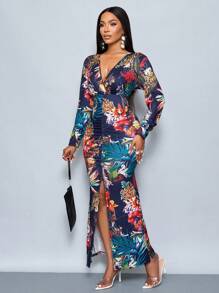 SOLERSUN Random Floral Print Ruched Split Thigh Dress Maxi Women Outfit Fall Cloth For Women - Multicolor - View 4
