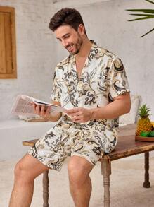 Manfinity ChillVibe 2pcs Men All-Over Print Button-Front Short Sleeve Top And Shorts Pajama Set