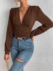 SHEIN Tall 1 bộ đồ liền thân cổ chữ V màu trơn thanh lịch cho nữ, eo nhún bèo, xuân thu - màu nâu - Xem 7