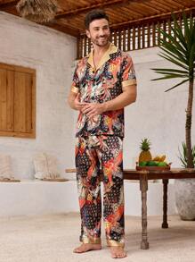 Manfinity Underwear&Sleepwear Basics 2pcs/Set Men Color Block Short Sleeve Casual Top And Long Pants Pajama Set - Multicolor - View 7