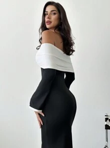 Firerie Đầm dự tiệc hiện đại thanh lịch dài hở vai phối màu thời trang thu đông mới cho nữ - màu đen - Xem 2