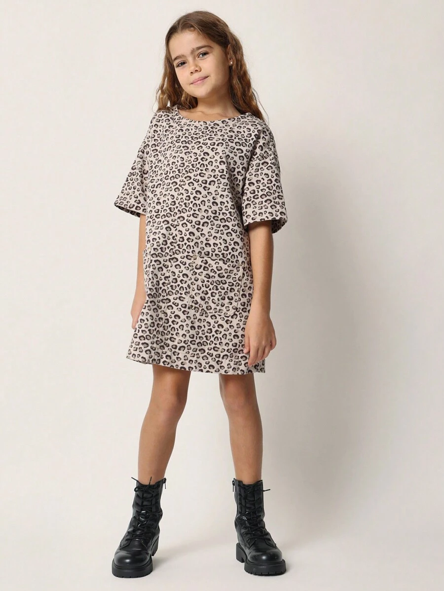 SUMWON Sukienka z nadrukiem w panterkę dla dziewcząt w stylu tween, z luźnym wzorem twill