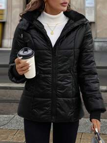 SHEIN Clasi Manteau court matelassé et chaud avec doublure thermique pour femmes, automne/hiver