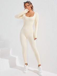 SHEIN Yoga Basic Women Square Neck Long Sleeve Solid Color Sports Jumpsuit
