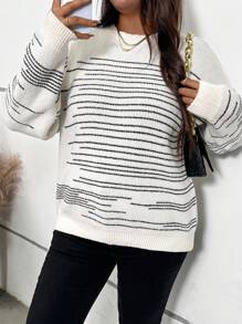 SHEIN Clasi Women Plus Size Asymmetrical Striped Crew Neck Pullover Sweater, Autumn/Winter - Multicolor - View 1