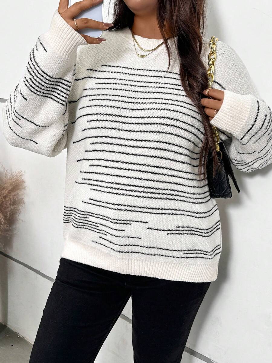 SHEIN Clasi Women Plus Size Asymmetrical Striped Crew Neck Pullover Sweater, Autumn/Winter - Multicolor - View 1