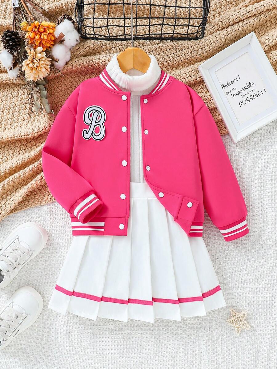 SHEIN 2 قطعة / مجموعة أسلوب كولوجياتي للفتيات جاكيت للربيع/الخريف والتنورة الكشكشية المناسبة للشارع والحفلات والخروجات والمدرسة - متعدد الألوان - مشاهدة 1