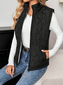 SHEIN LUNE Áo vest không tay có đệm dành cho nữ có cổ đứng, túi và lớp lót chần bông, ấm áp và thoải mái khi mặc thường ngày, đi làm, ngoài trời hoặc trong nhà, thích hợp cho mùa thu/đông - màu đen - Xem 6