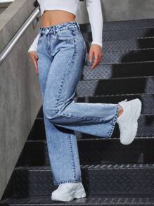 SHEIN PETITE Women's Fashion Versatile Washed Butterfly Embroidery Loose Straight-Leg Jeans - Light Wash - View 4