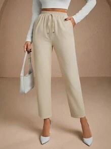 SHEIN PETITE Petite Pants With Drawstring, Slanted Pockets - Beige - View 4