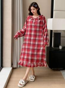 DAZY Christmas Plaid Sweet Ruffle Hem Loose Nightgown Pajama - Red - View 6