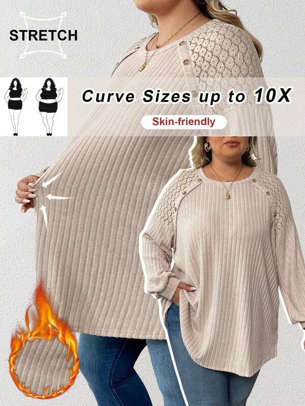 SHEIN CURVE+ Camiseta de invierno de talla grande, con empalmado de encaje, de punto acanalado y abrigada