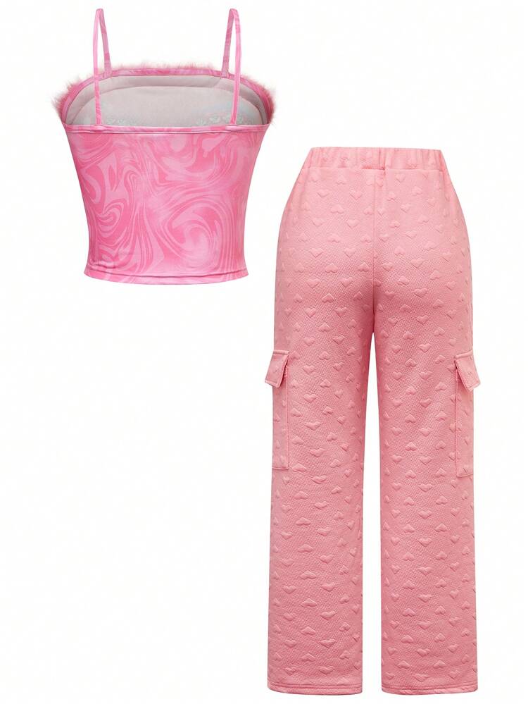 Tween Girl Cute Cat Printed Tank Top With Fluffy Collar And Workwear Pocketed Long Pants Set