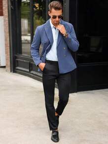 Manfinity Mode 男士简约立领双排扣西装外套，适合通勤，秋季 - 藏蓝色 - 查看 3