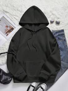 SHEIN EZwear 女式字母图案印花连帽运动衫，休闲秋冬 - 黑色 - 查看 2