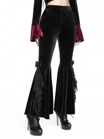 Gothic Retro Dark Patchwork 3D Rose Decor Velvet Flare Pants