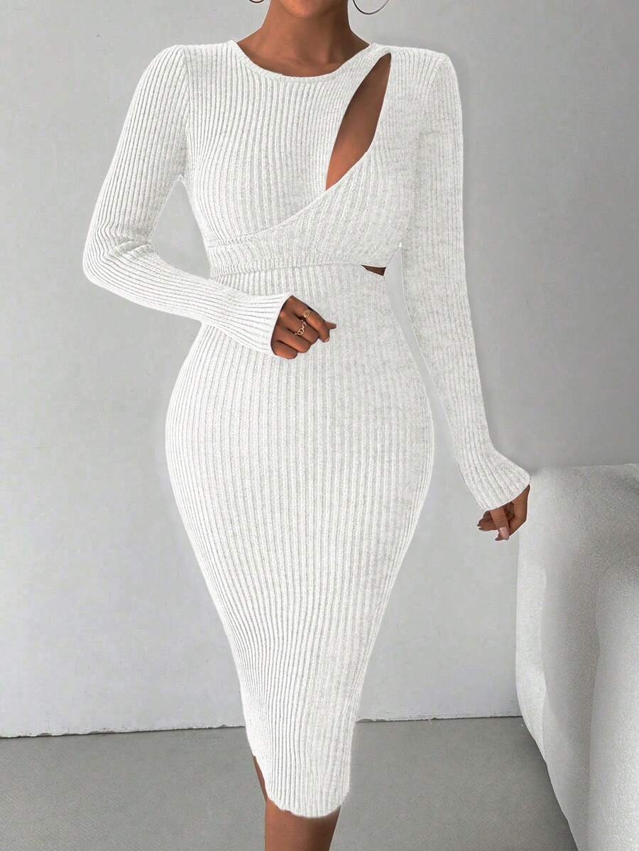 SHEIN Unity Women Casual Everyday Hollow Out Fitted Knit Sweater Dress, Autumn/Winter Fall Cloth For Women - White - View 1