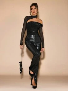 SHEIN BAE Blusa de manga larga con cuello asimétrico, fruncido y ajuste ceñido de malla, apta para otoño/invierno - Negro - Ver 6